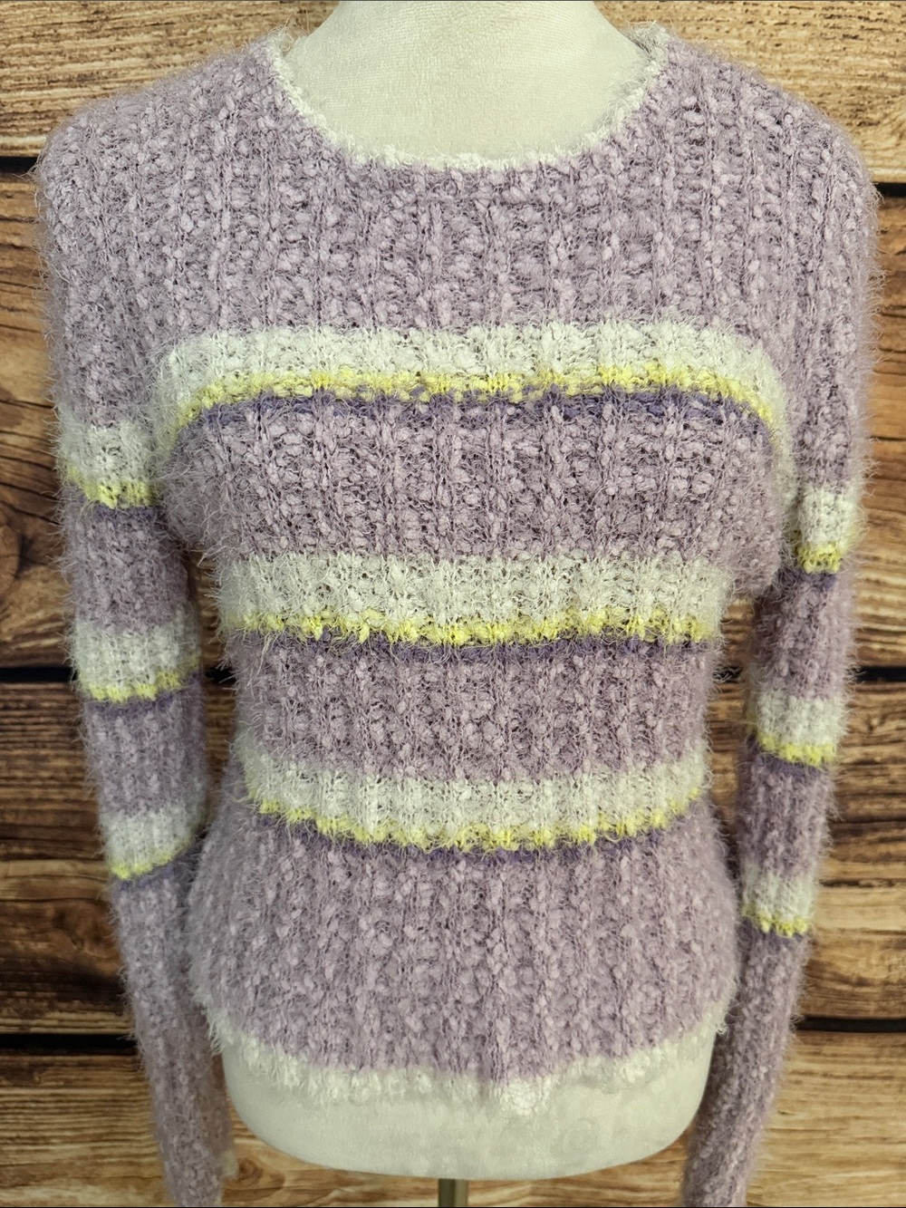 Moral Fiber Pastel Striped Fuzzy Crewneck Sweater